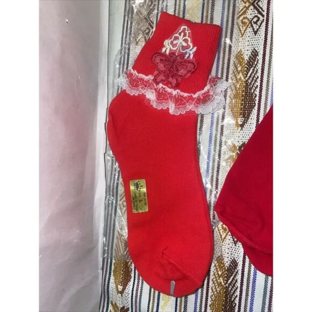 Two pairs of Red Girls Vintage Nylon Socks Sz 8 (white pair not‎ included)